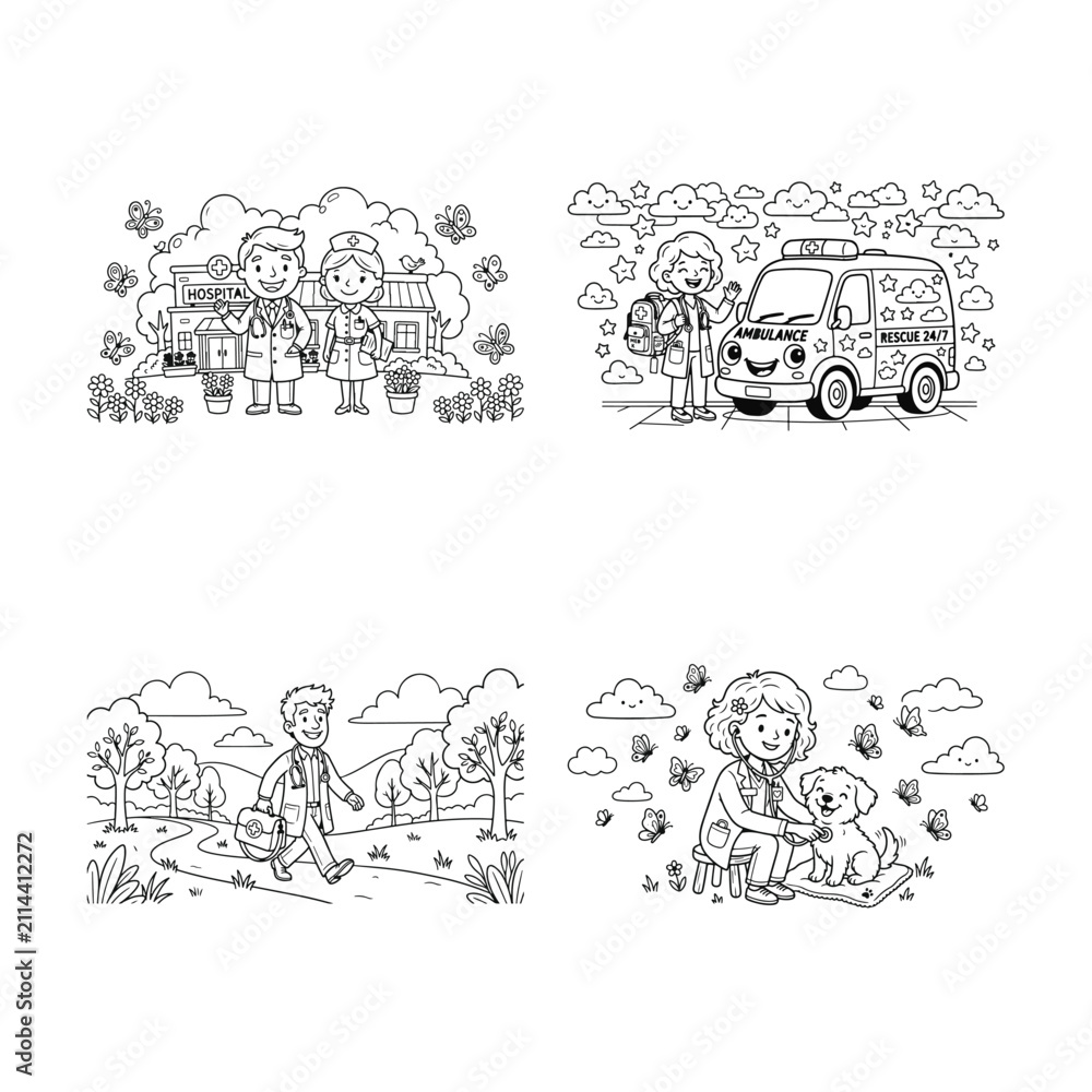 Obraz premium Set of four hand drawn doodle illustrations featuring various whimsical characters and abstract shapes in black and white