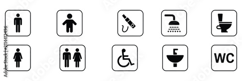 Restroom vector icon featuring public space signage with various facility symbols, including restrooms and family-friendly options for accessibility design.