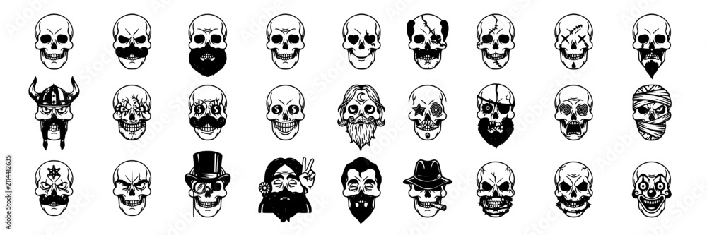 Obraz premium Skulls with Various Facial Hair and Accessories in a Collection of 24 Distinct Illustrations Featuring Vector, Design, Black