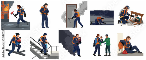 Female Firefighter Rescue Operations Collection, Vector Illustration of Brave Women First Responders Saving Children and Fighting Fires