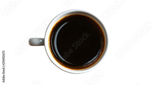 Overhead view of a full white ceramic coffee mug with filled black coffee top down view background breakfast beverage caffeine isolated with morning