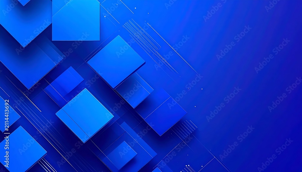 Obraz premium Abstract blue geometric background with floating 3D squares and dynamic diagonal lines for modern corporate technology design
