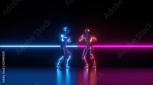 Robots in futuristic boxing ring preparing for combat, glowing with neon blue and magenta lights, representing a digital arena of artificial intelligence versus competition and technology