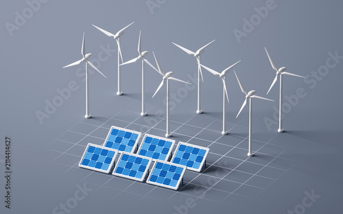 Wind turbine machine with wind power concept, 3d rendering.