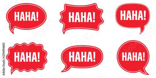 Red haha comic speech bubble set vector featuring funny laughter chat balloons in pop art style for messaging, social media, and humorous graphic designs.