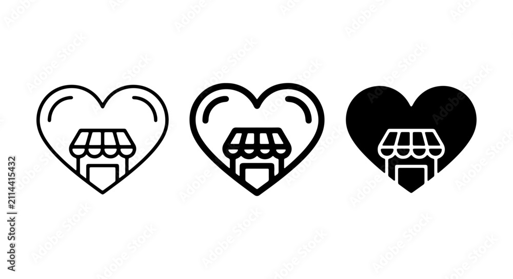 Obraz premium Heart Shaped Storefront Icons, Love Local Business Vector Set, Small Shop Symbol Collection