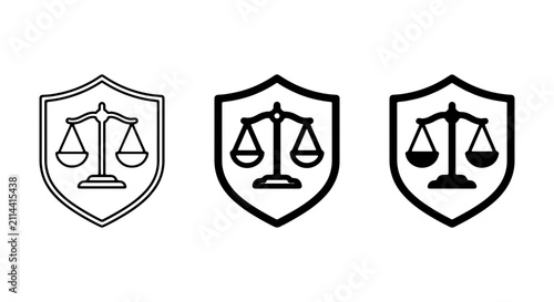 Justice Scales Shield Icons, Legal Balance Symbol Set, Law and Order Vector Graphics