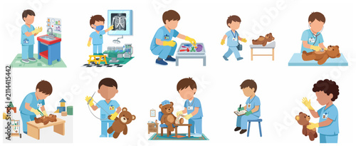 Foto Vector illustration set of children roleplaying as doctors and surgeons treating