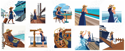 Konstfotografi Flat vector illustration set of a woman enjoying a luxury cruise ship vacation, including boarding, relaxing on deck, and sightseeing at sea