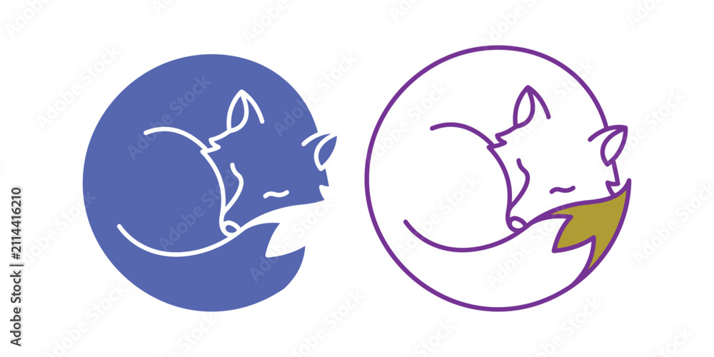 Obraz premium Stylized sleeping fox illustration inside circle outline in flat blue and purple color scheme set.