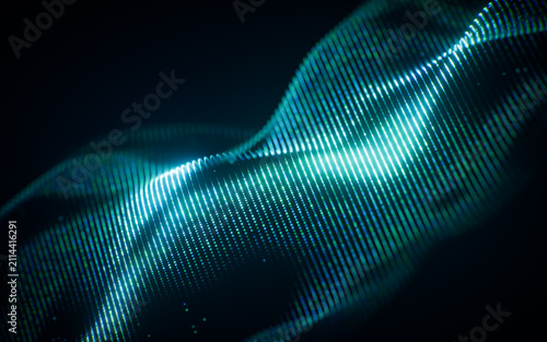 Flowing blue wave particles background, 3d rendering.
