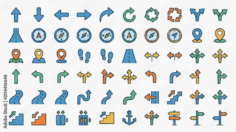 Naklejka premium Modern Colorful Icons Set of Directional Arrows Navigation Symbols Compass Location Markers and Road Signs for UI UX Design
