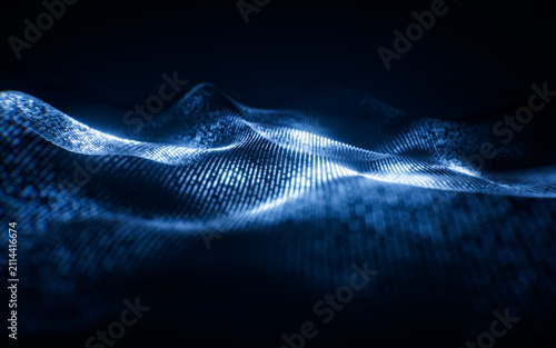 Flowing blue wave particles background, 3d rendering.