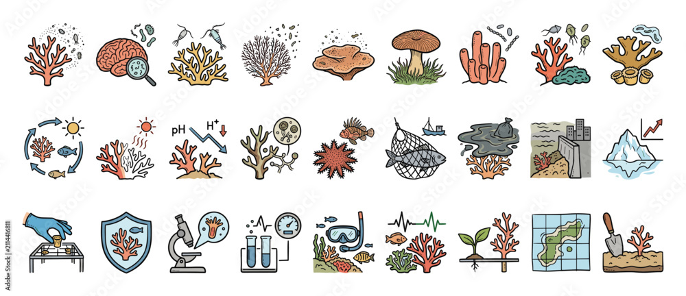 Fototapeta premium Set of coral reef biology and marine conservation icons for educational and scientific projects