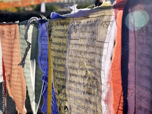 tibetan prayer flags in the morning light in Ladakh. colorful background in the himalayas