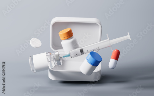 Obraz na plátně Medical syringe and injection vial with health care concept, 3d rendering