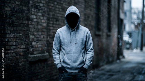 Mysterious figure in hoodie standing in dark urban alleyway