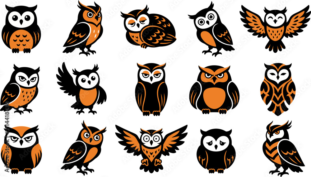 Obraz premium Set of cute cartoon owl stickers in various poses perfect for halloween decorations and festive autumn seasonal craft projects