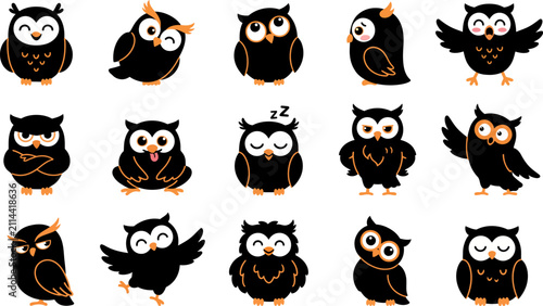 A collection of cute black owl illustrations with various expressions perfect for halloween decorations and fun seasonal graphic design projects