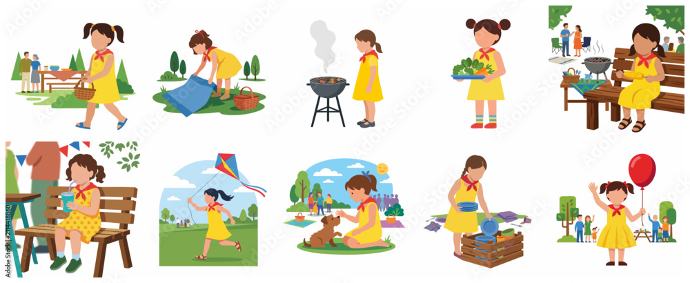 Fototapeta premium Vector illustration set of a young girl enjoying various outdoor activities at a family picnic and BBQ in the park, including kite flying, eating, and playing with a dog.