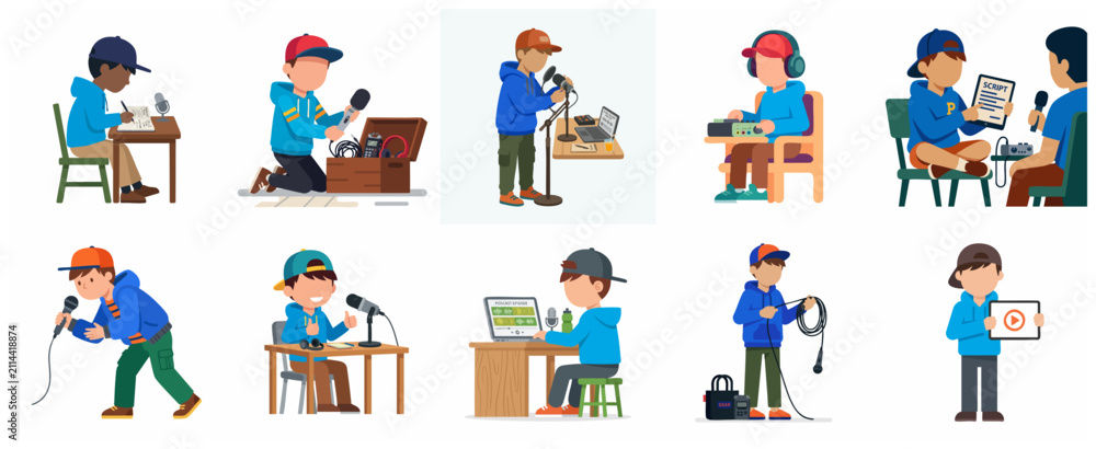 Fototapeta premium Kids Podcasting and Content Creation Concept Illustration Set. Young Boy Recording Audio, Editing on Laptop, and Using Professional Microphone.