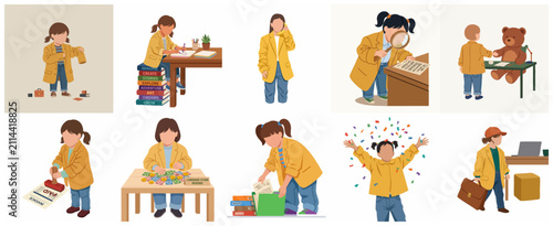 Foto Flat vector illustration set of a young girl playing business, wearing oversized blazer, dreaming of becoming a successful entrepreneur and businesswoman