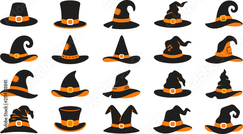 Obraz na plátně A collection of various witch hats isolated on a white background for creative h