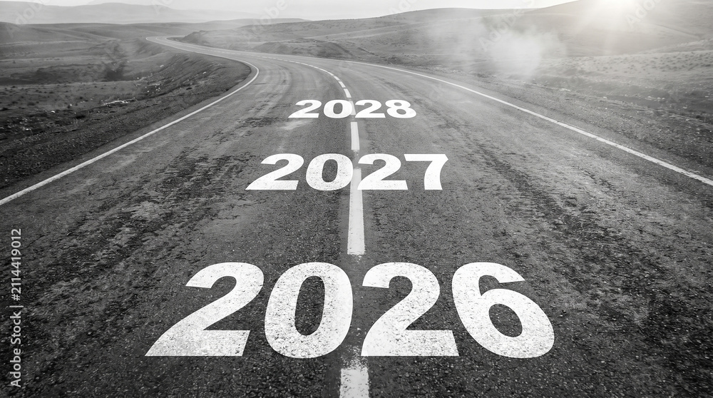 Fototapeta premium Roadway With Projected Years 2026 2027 And 2028 Black And White