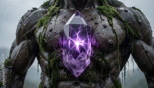 Extreme macro of a glowing amethyst crystal embedded within an ancient earth golem. Wet moss, mud, stone, rain, and luminous purple energy reveal a magical fusion of geology and fantasy life.