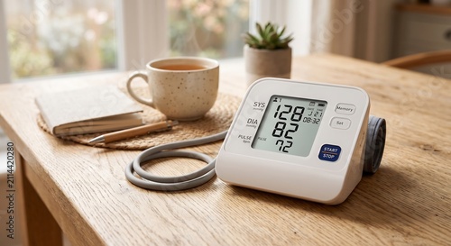 Blood pressure monitor on a wooden table. Digital device for measuring heart rate and hypertension check at home. Self monitoring of arterial pulse and medical healthcare diagnostics.