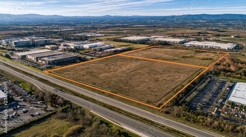 Aerial view of undeveloped land parcels adjacent to highway and industrial buildings