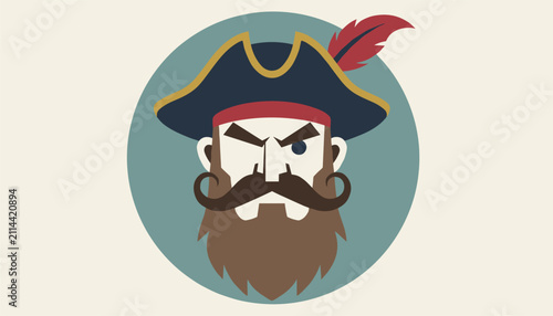 Circular icon featuring a cartoon portrait of a pirate with a thick beard and a red feather in his hat.