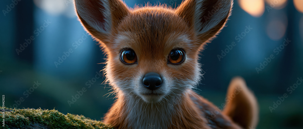 Fototapeta premium Cute fox cub fluffy fur wide eye close up forest background soft light adorable animal wildlife portrait small mammal young fox natural habitat brown fur orange fur dark eye pointed ear nose face