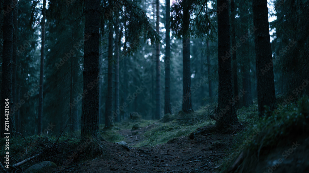 Fototapeta premium Evening forest, tall tree, dark woodland, misty path, blue light, quiet nature