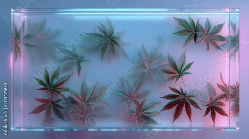 Atmospheric display of cannabis leaves under glowing neon light