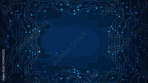 Quadro su tela Circuit board pattern with interconnected lines and nodes against a dark blue ba