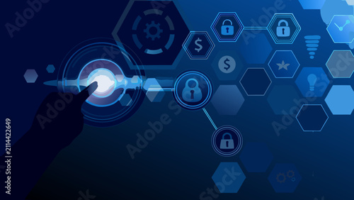Konstfotografi Hexagonal icons with lock dollar and gear symbols interact with a fingertip on a