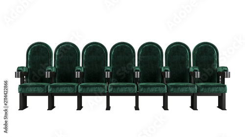 Row of dark green velvet cinema seats with cup holders