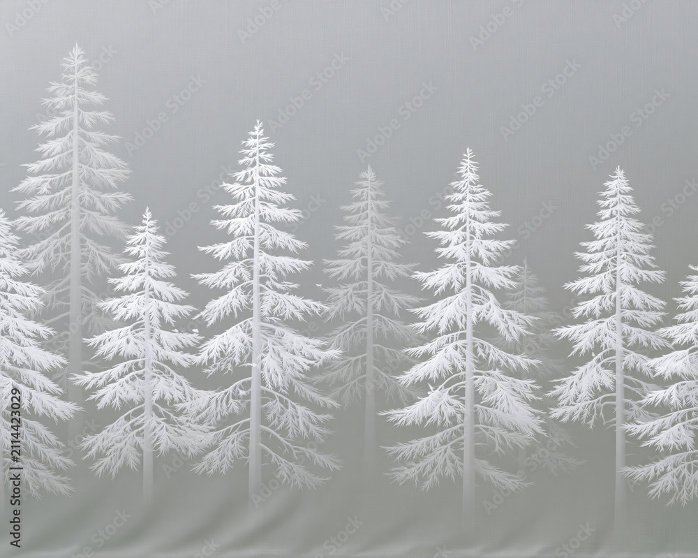 Obraz premium Frosted winter forest with snow covered conifer tree on gray background