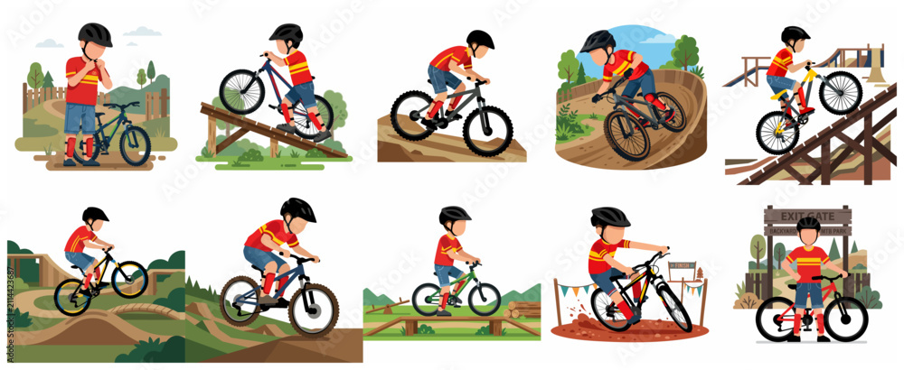 Fototapeta premium Young boy mountain biking collection, flat vector illustration set of kid riding MTB on ramps, dirt trails, and bike park tracks