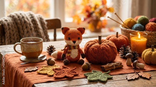 Cozy autumn scene with a knitted fox toy, pumpkins, yarn, and a warm cup of tea on a rustic table.