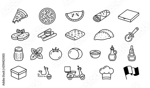Foto SEO Title: Italian Fast Food Line Art Icons Set with Pizza Slice, Calzone and St