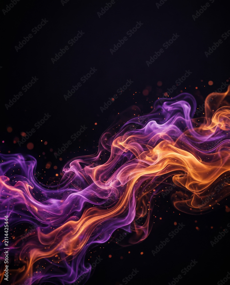 Fototapeta premium Abstract Halloween background with glowing orange and violet smoke, luminous particles and dramatic atmosphere. Perfect for seasonal marketing, invitations and creative graphic design.