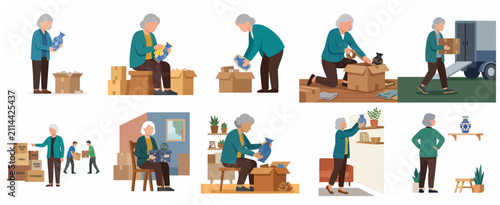 Konstfotografi Senior woman moving house and packing fragile antiques into cardboard boxes set