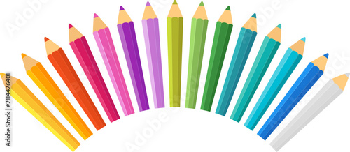 Semicircle pencils border. Colorful rainbow pencils frame. Bright stationery composition for education, classroom projects. Children activities and modern decorative design. Vector illustration EPS 10