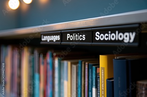 Shelf labels identify sections Languages, Politics, Sociology, above rows of books