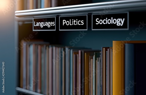 Organized bookshelf with labels for Languages, Politics, and Sociology