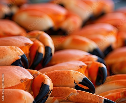 A close-up view of many bright orange crab claws with black tips
