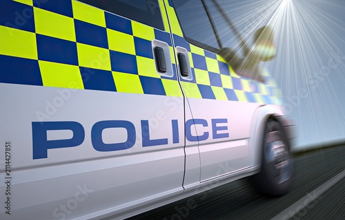 Blurred police van in motion under bright sunlight