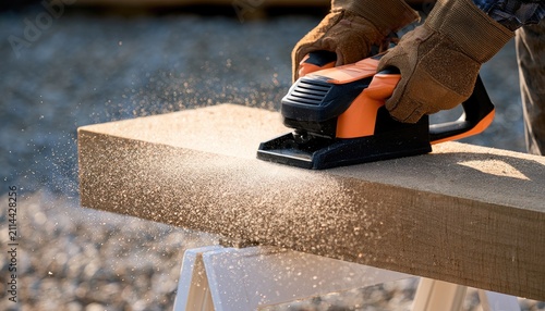 Hands wearing gloves operating an electric planer on a wooden board